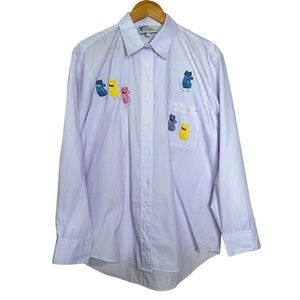 🩷 Las Olas Women Large Button Down Long Sleeve Shirt Cat embroidered pocket